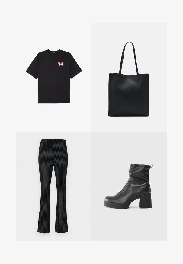Black cotton t-shirt with short sleeves, featuring a small pink butterfly graphic on the left chest. Crew neck design with a relaxed fit.; Black flared pants with white vertical stripes, featuring an elastic waistband and a smooth, textured fabric finish.; Black ankle boots made of smooth leather, featuring a side zipper, chunky textured heel, and rounded toe design.; Black leather tote bag with smooth texture, rectangular shape, and two long handles. No visible hardware or embellishments.