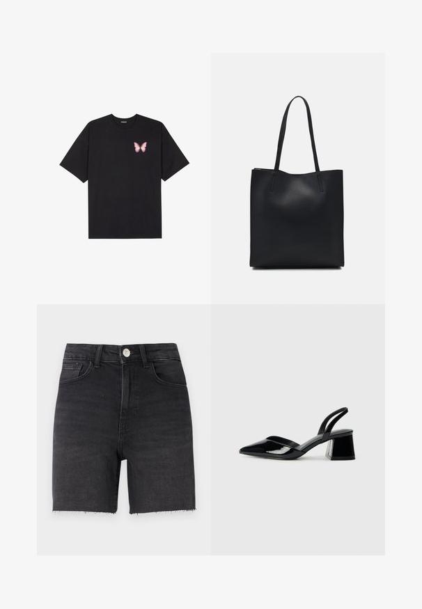 Svart bomulls T-skjorte med korte ermer, med en liten rosa sommerfugl grafikk på venstre bryst. Crew-neck design med en avslappet passform.; Svarte denim shorts med en tettsittende design, rett snitt, frynset kant, fem lommestil og en metallbryterlukking i livet.; Svarte patentlær slingback hæler med spiss tå og geometrisk blokk hæl. Har et stilrent, minimalistisk design og jevn tekstur.; Svart lær tote bag med glatt tekstur, rektangulær form og to lange håndtak. Ingen synlige deler eller dekorasjoner.
