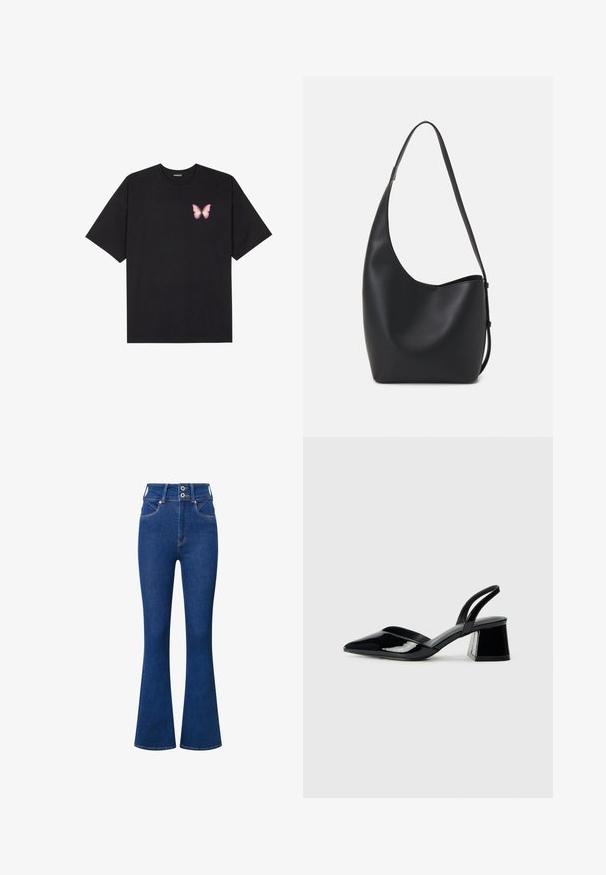 T-shirt de algodão preto com mangas curtas, apresentando um pequeno gráfico de borboleta rosa no lado esquerdo do peito. Design de gola redonda com um corte solto.; Jeans ajustados de cintura alta em denim azul escuro. Possui fecho de dois botões, bolsos frontais e detalhes de costura sutis ao longo das costuras.; Sandy em verniz preto com salto slingback, ponta afilada e salto geométrico. Apresenta um design elegante e minimalista com textura suave.; Saco hobo preto em pele com uma textura lisa, forma curva e uma única alça ajustável; apresenta uma abertura larga na parte de cima.