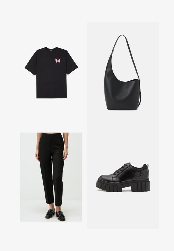 T-shirt nera in cotone con maniche corte, caratterizzata da una piccola grafica di una farfalla rosa sul lato sinistro del petto. Design a girocollo con una vestibilità rilassata.; Pantaloni nero su misura con una texture liscia, vita alta, design a gamba dritta e dettagli di piega sottili, abbinati a mocassini neri.; Scarpe platform in pelle nera con tacco a blocco robusto, punta rotonda e design tradizionale con lacci. Presentano una superficie liscia e dettagli minimi.; Borsa hobo nera in pelle con una superficie liscia, forma curvata e una singola tracolla regolabile; presenta un'ampia apertura nella parte superiore.