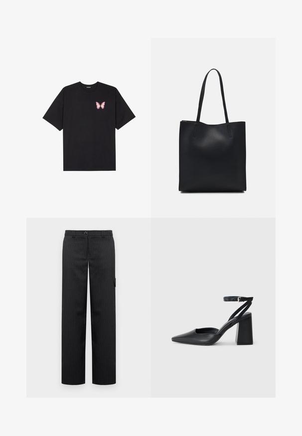 Black cotton t-shirt with short sleeves, featuring a small pink butterfly graphic on the left chest. Crew neck design with a relaxed fit.; Black pinstriped trousers with a straight-leg design, featuring a button closure and a side pocket, made from a smooth fabric.; Black leather pointy-toe pump with an ankle strap and a chunky heel. Flat texture, sleek design, and minimalistic aesthetics.; Black leather tote bag with smooth texture, rectangular shape, and two long handles. No visible hardware or embellishments.