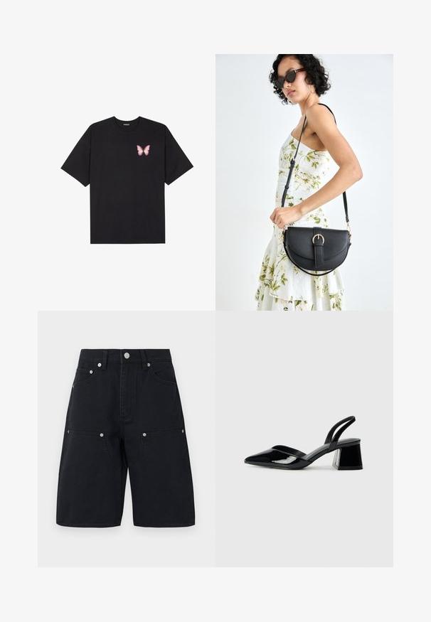Svart bomullströja med korta ärmar, med en liten rosa fjärilsgrafik på vänster bröst. Rundad halsdesign med en avslappnad passform.; Svarta denimshorts med en rak bendesign, utrustade med två framfickor och silverfärgade detaljer. Strukturerad tyg med sömmar.; Svarta lackläder slingback klackar med spetsig tå och geometrisk klack. Har en elegant, minimalistisk design och slät yta.; Svart läderhandväska med en böjd form, avtagbar rem och guldiga detaljer. Väskan har ett lock med en spänndetalj.