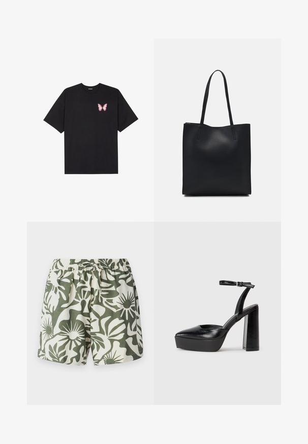 Čierne bavlnené tričko s krátkymi rukávmi, s malým ružovým motýlikom na ľavej hrudi. Design s okrúhlym výstrihom a uvoľneným strihom.; Zelené a krémové kvetinové šortky s elastickým pásom a šnúrkou, vyrobené z ľahkého materiálu. Neformálny dizajn, voľný strih.; Čierne platformové podpätky so špicatou špičkou a nastaviteľným členkovým remienkom. Vyrobené z hladkej kože a so robustným blokovým podpätkom.; Čierna kožená taška na rameno s hladkým povrchom, obdĺžnikovým tvarom a dvoma dlhými uchami. Bez viditeľného kovania alebo ozdôb.