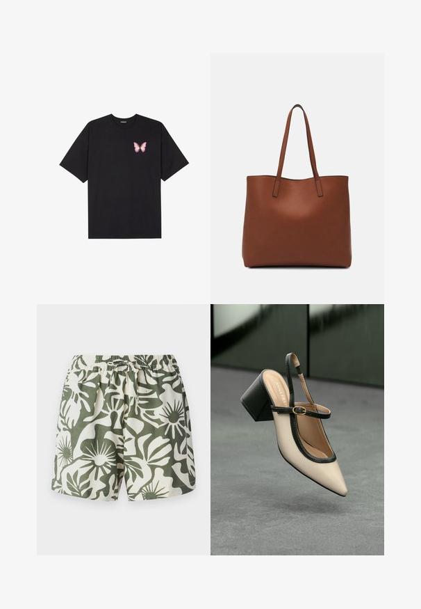 Μαύρο βαμβακερό μπλουζάκι με κοντά μανίκια, διαθέτοντας ένα μικρό ροζ γραφικό πεταλούδας στο αριστερό στήθος. Σχέδιο με στρογγυλή λαιμόκοψη και άνετη εφαρμογή.; Σορτς με floral σχέδιο σε πράσινο και κρέμα χρώμα, με ελαστική μέση και κορδόνι, φτιαγμένα από ελαφρύ ύφασμα. Καθημερινός σχεδιασμός, άνετη εφαρμογή.; Μπέζ παπούτσι slingback με尖 ρεύμα και μαύρη διακοσμητική λεπτομέρεια, χρυσό κούμπωμα και χοντρό τακούνι σε γκρι δάπεδο με σκούρο πράσινο φόντο.; Καφέ δερμάτινη τσάντα tote με λεία υφή, ανοιχτό σχέδιο και δύο λουριά ώμου. Διαθέτει ελάχιστη ραφή και χωρίς ορατά μεταλλικά εξαρτήματα.