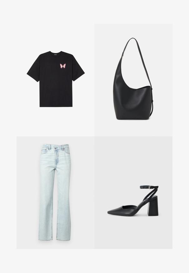 Black cotton t-shirt with short sleeves, featuring a small pink butterfly graphic on the left chest. Crew neck design with a relaxed fit.; Light blue denim flared jeans with a medium rise, a classic five-pocket design, and visible stitching along the sides and waistband.; Black leather pointy-toe pump with an ankle strap and a chunky heel. Flat texture, sleek design, and minimalistic aesthetics.; Black leather hobo bag with a smooth texture, curved shape, and single adjustable strap; features a wide opening at the top.