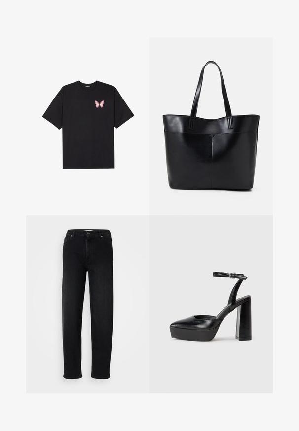 Černé bavlněné tričko s krátkým rukávem, na levém prsou s malou grafikou růžové motýlky. Design s kruhovým výstřihem a volným střihem.; Černé džíny z denimu se straight fit, pěticípým designem, kovovým knoflíkem a kontrastním prošíváním. Hladký povrch a odolný materiál.; Černé platformové podpatky s špičatou špičkou a nastavitelným kotníkovým popruhem. Vyrobeny z hladké kůže, s masivním blokovým podpatkem.; Černá kožená taška s dlouhými ušima, hladkým povrchem a strukturovaným tvarem. Obsahuje přední kapsu pro další úložný prostor.
