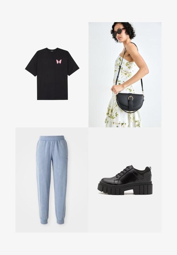 Zwarte katoenen t-shirt met korte mouwen, voorzien van een kleine roze vlinder graphic op de linkerkant van de borst. Crew neck ontwerp met een relaxte fit.; Blauwe trainingsbroek van zacht stof met een elastische tailleband en boorden; voorzien van een subtiele textuur en een klein logo aan één zijde.; Zwarte leren platform schoenen met een stevige blokhak, ronde neus en een traditionele vetersluiting. Kenmerkt zich door een gladde textuur en minimale details.; Zwarte leren handtas met een gebogen vorm, afneembare schouderband en gouden hardware. De tas heeft een klep met een gespsluiting.