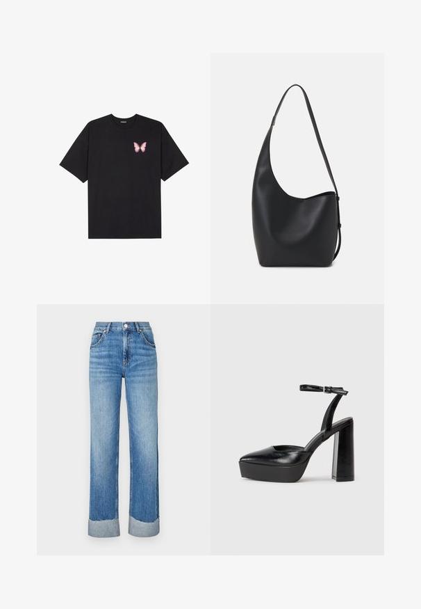 Must muströöpidega must puuvillane T-särk, vasakul rinnal on väike roosa liblikas. Ümar kaelus ja vabalt istuv lõige.; Heledad sinine teksarihm, otse istuvus, mansetiga äär, viie-tasku disain ja klassikaline nööbi ja tõmbluku sulgur.; Mustad platvormi kontsad terava ninaga ja reguleeritava pahkluuraamiga. Valmistatud siledast nahast, funktsioneerib massiivse plokknäheeliga.; Mustast nahast hobo kott, millel on sile tekstuur, kumer kuju ja üks reguleeritav rihm; peal on lai avaus.