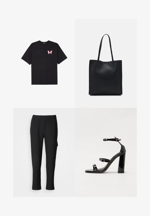 Fekete pamut póló rövid ujjakkal, bal mellkason egy kis rózsaszín pillangó grafikával. Kerek nyakú kialakítás, laza fazonnal.; Fekete csíkozott nadrág, elasztikus derekú és egyenes lábú kivitelben. Oldalsó zsebében fedél található, sima anyagból készült.; Fekete lakk magas sarkú szandál négyzet alakú orral, bokapántokkal és ezüst csatokat tartalmaz. Masszív blokk sarka a stabilitásért felel.; Fekete bőrtáska sima felszínnel, téglalap alakú, két hosszú füllel. Nincs látható fémkiegészítő vagy díszítés.