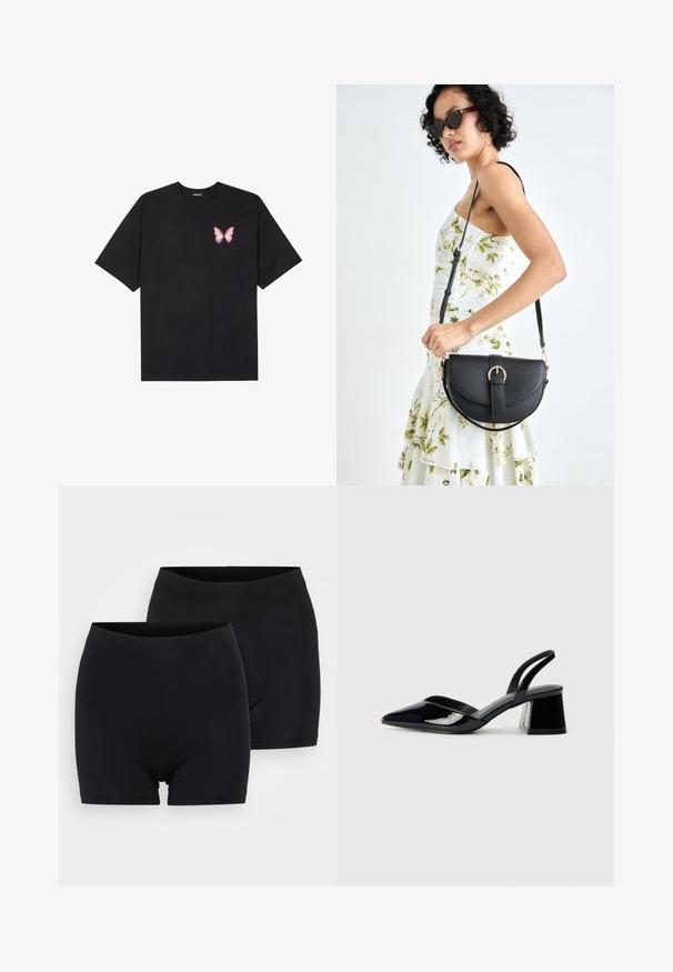 Čierne bavlnené tričko s krátkymi rukávmi, s malým ružovým motýlikom na ľavej hrudi. Design s okrúhlym výstrihom a uvoľneným strihom.; Dva páry čiernych bavlnených šortiek s hladkou textúrou, ktoré majú jednoduchý, bezšvíkový pás a dizajn do polovice stehna.; Čierne lakované kožené sandálové podpätky s špicatou špičkou a geometrickým blokovým podpätkom. Disponujú elegantným, minimalistickým dizajnom a hladkým povrchom.; Čierna kožená kabelka s zaobleným tvarom, odnímateľným popruhom a zlatými doplnkami. Kabelka má klopu s detailom s prackou.