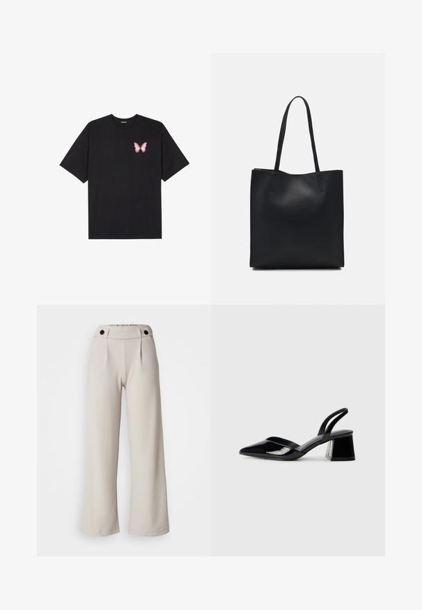 T-shirt de algodão preto com mangas curtas, apresentando um pequeno gráfico de borboleta rosa no lado esquerdo do peito. Design de gola redonda com um corte solto.; Calças largas plissadas em tecido bege claro com uma textura suave, apresentando uma cintura franzida e dois botões pretos na cintura.; Sandy em verniz preto com salto slingback, ponta afilada e salto geométrico. Apresenta um design elegante e minimalista com textura suave.; Bolsa tote preta em couro com textura lisa, forma retangular e duas alças longas. Sem hardware ou enfeites visíveis.