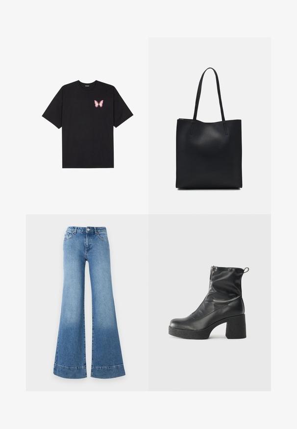 Black cotton t-shirt with short sleeves, featuring a small pink butterfly graphic on the left chest. Crew neck design with a relaxed fit.; Light blue denim flared jeans with a high waist, wide legs, and a slight fade. Features classic five-pocket design and metal button closure.; Black ankle boots made of smooth leather, featuring a side zipper, chunky textured heel, and rounded toe design.; Black leather tote bag with smooth texture, rectangular shape, and two long handles. No visible hardware or embellishments.