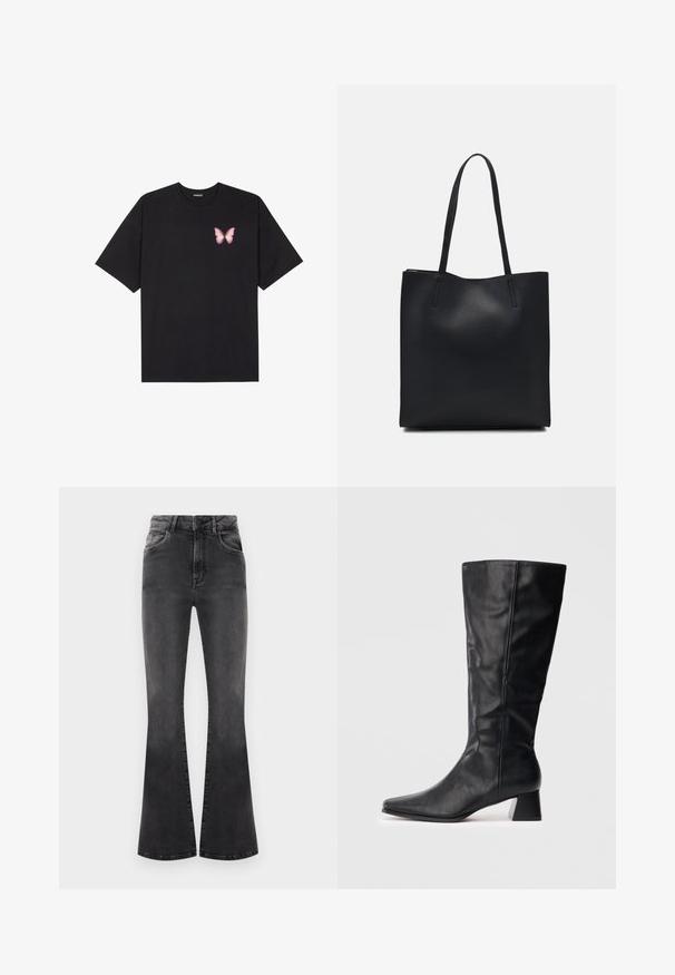 Crna pamučna majica s kratkim rukavima, s malim grafičkim prikazom ružičaste vjetricaste s desne strane na prsima. Dizajn s okruglim izrezom i opuštenim krojem.; Crne trapezaste traperice s visokim strukom, detaljima šivanja i pet džepova. Tkanina ima glatku teksturu s izblijedjelim završetkom.; Crne kožne čizme do sredine lista s šiljastim vrhom i blok petom na jednostavnoj svijetloj pozadini.; Crna kožna torba za nošenje s glatkom teksturom, pravokutnim oblikom i dvije duge ručke. Nema vidljivih metalnih dijelova ili ukrasa.