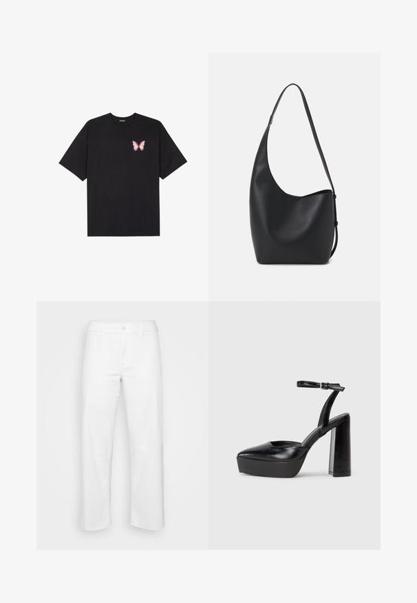 Black cotton t-shirt with short sleeves, featuring a small pink butterfly graphic on the left chest. Crew neck design with a relaxed fit.; White cotton trousers with a straight leg design, featuring a front button closure, belt loops, and subtle stitching details.; Black platform heels with a pointed toe and adjustable ankle strap. Constructed from smooth leather, featuring a chunky block heel.; Black leather hobo bag with a smooth texture, curved shape, and single adjustable strap; features a wide opening at the top.