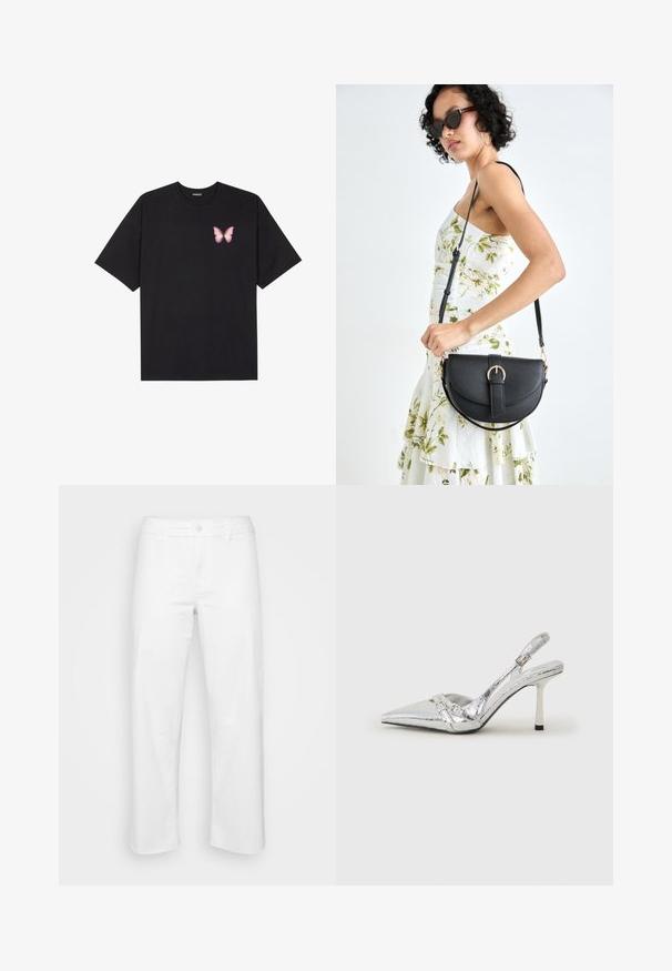 T-shirt en coton noir à manches courtes, avec un petit graphique de papillon rose sur la poitrine gauche. Modèle à col rond avec une coupe décontractée.; Pantalon en coton blanc avec une coupe droite, présentant une fermeture à bouton sur le devant, des passants de ceinture et des détails de couture subtils.; Escarpin argenté à talon aigu, avec un bout pointu, une finition métallique, deux brides décoratives et un talon élancé avec un embout noir.; Sac à main en cuir noir avec une forme courbée, bandoulière amovible et des accessoires en or. Le sac est doté d'un rabat avec un détail de boucle.