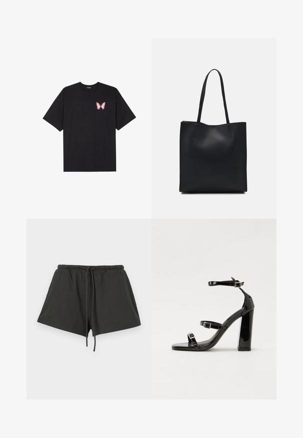 T-shirt en coton noir à manches courtes, avec un petit graphique de papillon rose sur la poitrine gauche. Modèle à col rond avec une coupe décontractée.; Shorts en coton noir avec une taille élastique et un cordon de serrage, présentant un design simple et une texture douce. Longueur courte et sans motifs.; Sandales à talons vernies noires avec un bout carré, des sangles autour de la cheville et des boucles en argent. Dotées d'un talon bloc épais pour plus de stabilité.; Sac fourre-tout en cuir noir avec une texture lisse, de forme rectangulaire et deux longues poignées. Pas de matériel ou d'ornementations visibles.