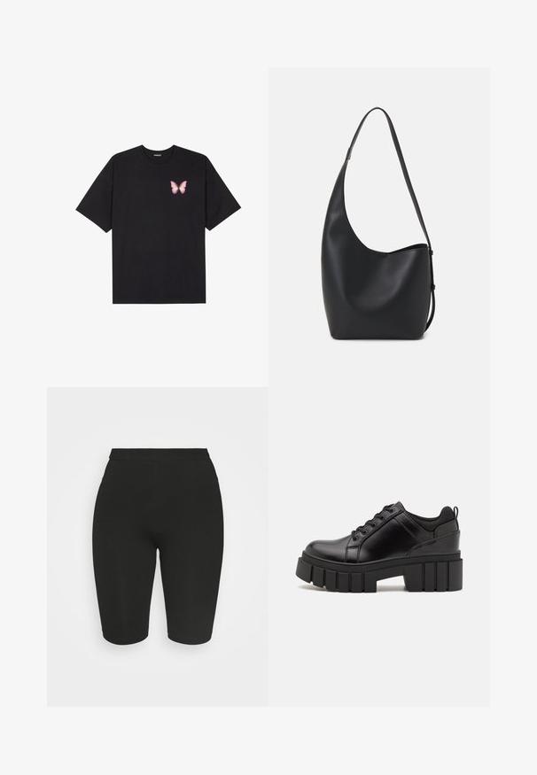 Črna bombažna majica s kratkimi rokavi, ki ima majhen roza metuljček na levi strani prsnega dela. Majica s krožnim ovratnikom in sproščenim krojem.; Črne kolesarske hlače s prilagojeno zasnovo, elastičnim pasom in gladko teksturo. Dolžina sega nad koleno. Brez vidnih vzorcev ali okrasnih elementov.; Črne usnjene platforme z debelim blokastim petam, okroglo konico in klasičnim vezanjem. Imajo gladko teksturo in minimalne podrobnosti.; Črna usnjena hobo torba z gladko teksturo, ukrivljeno obliko in eno nastavljivo naramnico; ima širok odprtina na vrhu.
