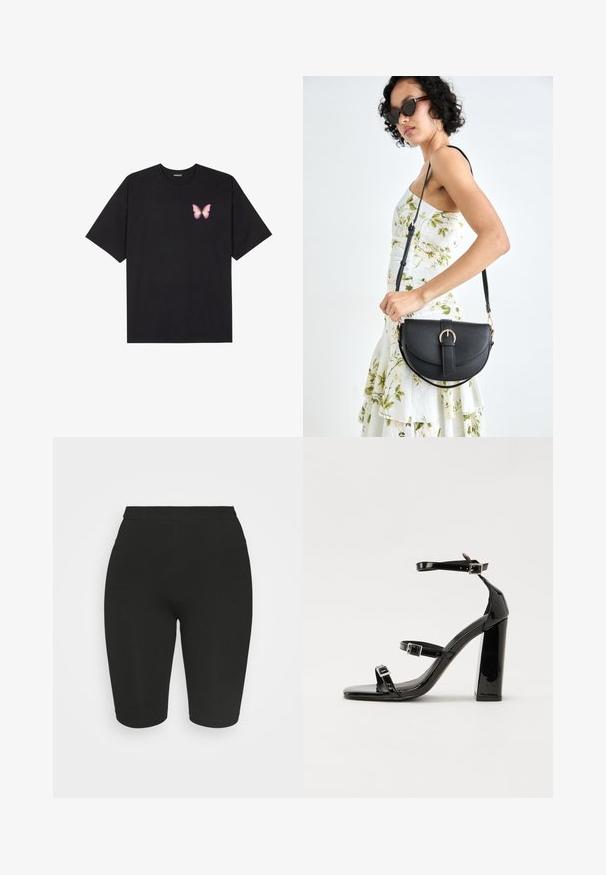 Juodas medvilnės marškinėliai trumpomis rankovėmis, su maža rožine drugelio grafika kairėje krūtinės pusėje. Apvalus kaklo iškirpimas, laisvas kirpimas.; Juodi dviratininkų šortai su prigludusia forma, elastinga juosta ir lygia tekstūra. Ilgis siekia virš kelio. Nėra matomų raštų ar puošmenų.; Juoda blizgi lakuota basutė su kvadratiniu pirštu, kulkšnies dirželiais ir sidabro sagtimis. Yra tvirta blokinė kulno konstrukcija, užtikrinanti stabilumą.; Juodas odinis krepšys su išlenkta forma, nuimamu dirželiu ir auksiniais detalėmis. Krepšys turi kilpą su sagtimi.