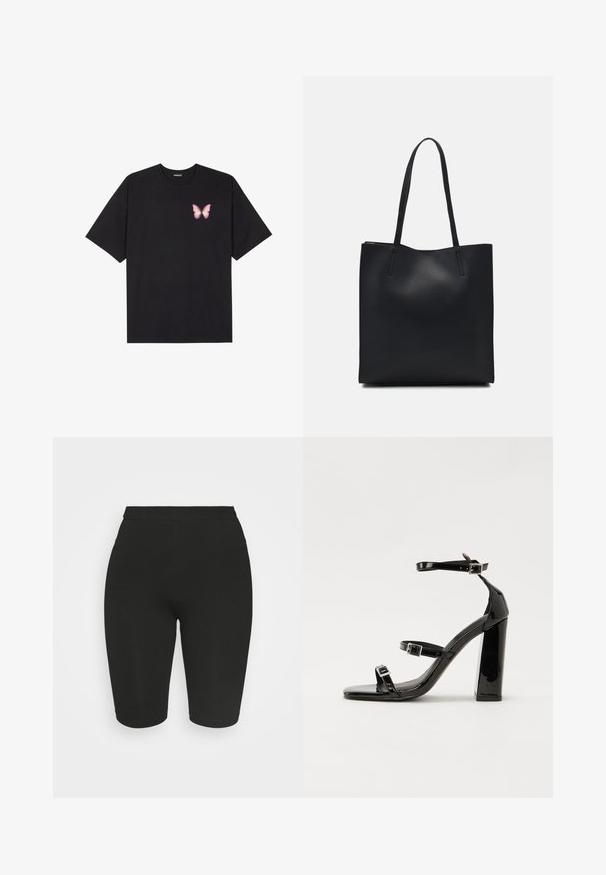 T-shirt nera in cotone con maniche corte, caratterizzata da una piccola grafica di una farfalla rosa sul lato sinistro del petto. Design a girocollo con una vestibilità rilassata.; Pantaloni da ciclismo neri con un design aderente, vita elasticizzata e texture liscia. La lunghezza arriva sopra il ginocchio. Nessun motivo o abbellimento visibile.; Sandali con tacco in vernice nera, con punta squadrata, cinturini alla caviglia e fibbie in argento. Presentano un tacco a blocco spesso per maggiore stabilità.; Borsa tote in pelle nera con texture liscia, forma rettangolare e due manici lunghi. Nessun hardware o decorazione visibile.