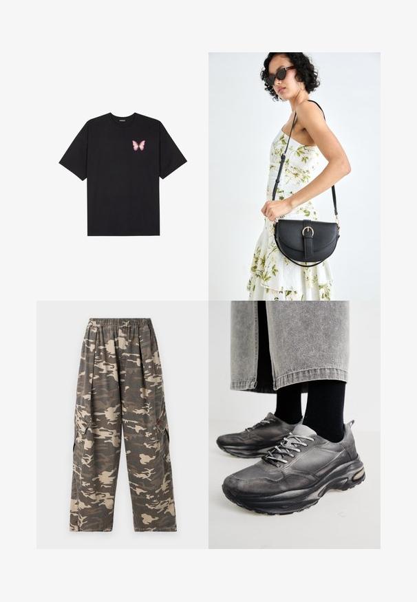 T-shirt de algodão preto com mangas curtas, apresentando um pequeno gráfico de borboleta rosa no lado esquerdo do peito. Design de gola redonda com um corte solto.; BDG Urban Outfitters BOBBI - Calças cargo - camo; Sapatilhas atléticas pretas e cinzentas apresentam um upper em malha, solas espessas e atacadores. Têm um bico arredondado e detalhes de amortecimento visíveis.; Bolsa de couro preta com forma curva, alça destacável e detalhes em dourado. A bolsa possui uma aba com detalhe de fivela.