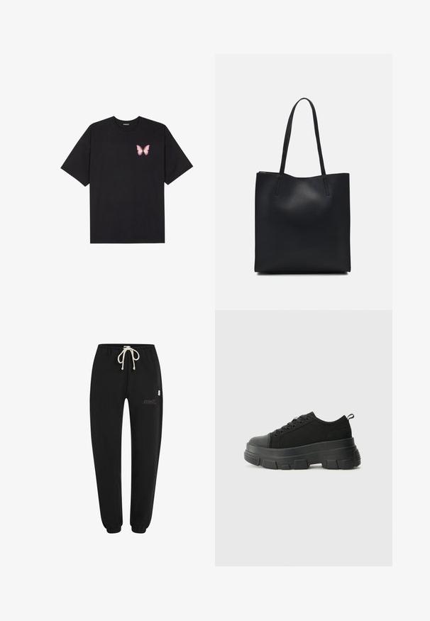 Zwarte katoenen t-shirt met korte mouwen, voorzien van een kleine roze vlinder graphic op de linkerkant van de borst. Crew neck ontwerp met een relaxte fit.; Zwarte sweatpants van zachte stof, met een elastische tailleband met een trekkoord, elastische boorden en een klein geborduurd logodetail.; Zwarte sneakers met een stevige rubberen zool, textiel bovenwerk, ronde neus en vetersluiting. Beschikt over versterkte oogjes en een trekstrip aan de achterkant.; Zwarte leren handtas met een gladde textuur, rechthoekige vorm en twee lange handvaten. Geen zichtbare hardware of versieringen.