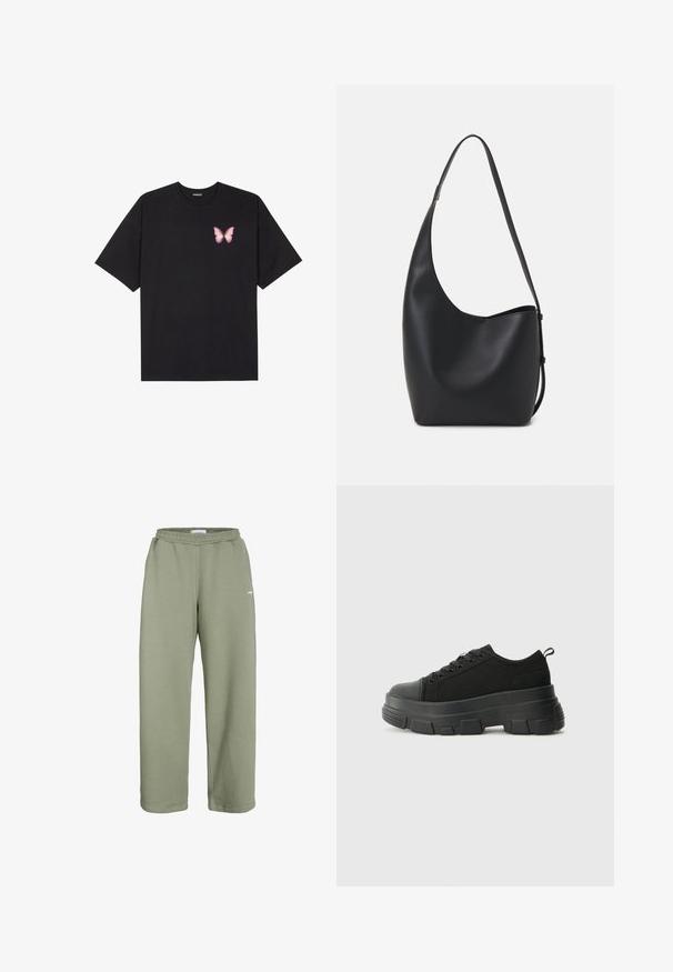 Tricou negru din bumbac cu mâneci scurte, având pe partea stângă a pieptului un mic grafic cu un fluture roz. Design cu guler rotund și croială lejeră.; Pantaloni de trening verde măslin confecționați dintr-un amestec moale de bumbac, având un elastic la talie, o croială lejeră și un design minimalist cu un logo mic.; Adidași negri cu talpă groasă din cauciuc, superior din material texturat, bot rotund și design cu șireturi. Include gauri întărite pentru șireturi și o buclă pe spate.; Geantă hobo din piele neagră, cu o textură netedă, formă curbată și un singur bretele ajustabil; are o deschidere largă în partea de sus.