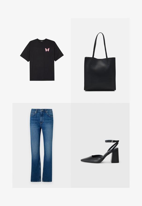 Camiseta de algodón negra de manga corta, con un pequeño gráfico de mariposa rosa en el lado izquierdo del pecho. Diseño de cuello redondo con un corte relajado.; Vaqueros de mezclilla azul de corte acampanado con un diseño de cinco bolsillos, cierre de cremallera y una textura desgastada. Incluye detalles de costura y una cinturilla estándar.; Zapato de tacón puntiagudo de cuero negro con tira en el tobillo y tacón ancho. Textura plana, diseño elegante y estética minimalista.; Bolso tote de cuero negro con textura lisa, forma rectangular y dos asas largas. Sin herrajes ni adornos visibles.