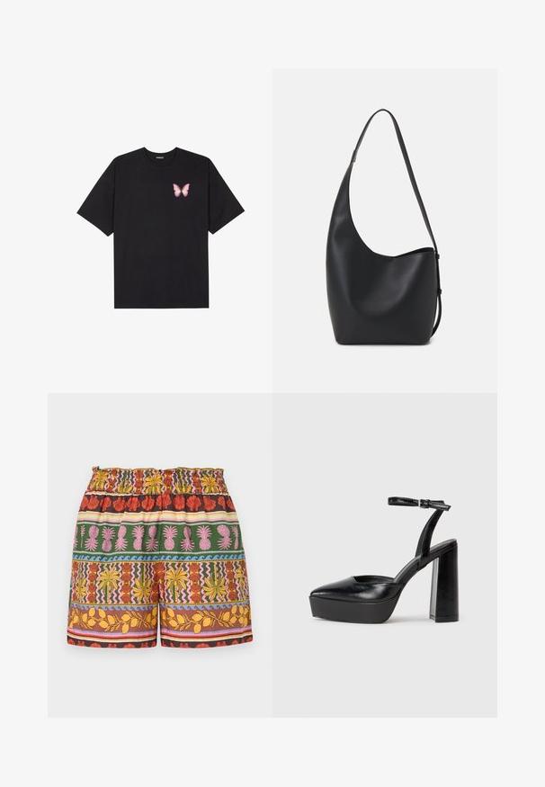 Zwarte katoenen t-shirt met korte mouwen, voorzien van een kleine roze vlinder graphic op de linkerkant van de borst. Crew neck ontwerp met een relaxte fit.; Multigekleurde shorts met een mix van felle kleuren zoals rood, geel, groen en roze, voorzien van een elastische tailleband en verschillende tropische motieven.; Zwarte plateauhakken met een puntige neus en verstelbare enkelband. Gemaakt van soepel leer, met een robuuste blokhak.; Zwarte leren hobo tas met een gladde textuur, kromme vorm en een enkele verstelbare schouderband; heeft een brede opening aan de bovenkant.
