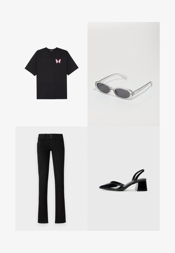Fekete pamut póló rövid ujjakkal, bal mellkason egy kis rózsaszín pillangó grafikával. Kerek nyakú kialakítás, laza fazonnal.; Fekete, slim-fit farmernadrág két elülső zsebbe, övhurkokkal és dupla gombos záródással, sima fehér háttér előtt bemutatva.; Fekete lakk bőr szandálkés magas sarkú cipő, hegyes orral és geometrikus tömbsarkakkal. Karcsú, minimalista dizájn és sima textúra jellemzi.; Ovális formájú napszemüveg, átlátszó műanyag keret, sötétszürke lencsék és vékony, átlátszó szárak, logóakkcentussal és minimális díszítéssel.; Fekete bőrtáska ívelt formával, levehető pánttal és arany színű fémrészekkel. A táskán egy csattal díszített fedél található.