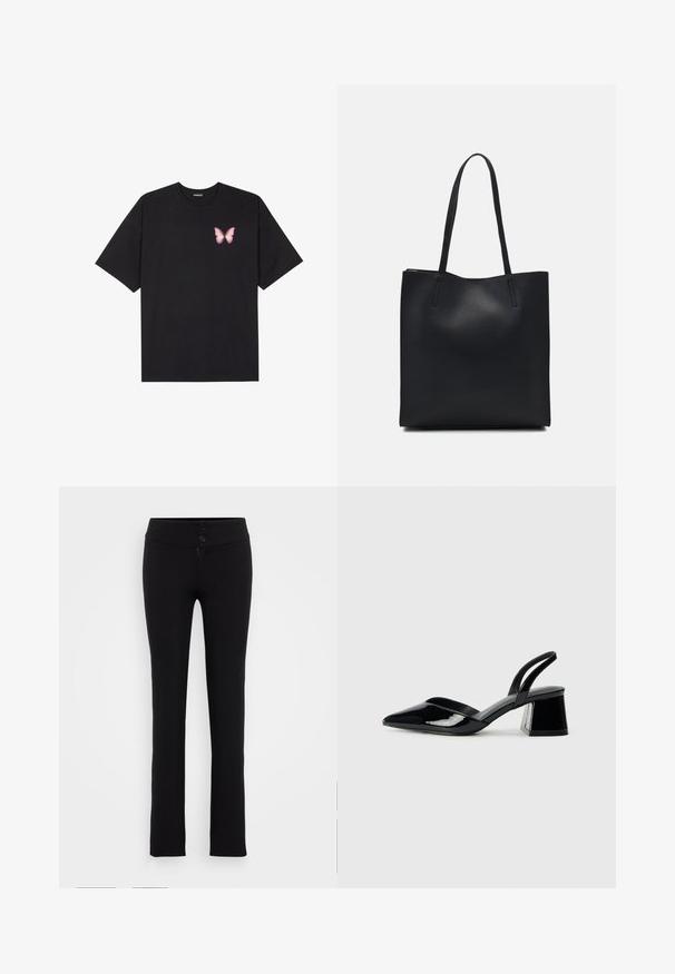 Svart bomulls T-skjorte med korte ermer, med en liten rosa sommerfugl grafikk på venstre bryst. Crew-neck design med en avslappet passform.; Gina Tricot Tall LOW STRAIGHT TROUSERS - Bukse - black; Svarte patentlær slingback hæler med spiss tå og geometrisk blokk hæl. Har et stilrent, minimalistisk design og jevn tekstur.; Svart lær tote bag med glatt tekstur, rektangulær form og to lange håndtak. Ingen synlige deler eller dekorasjoner.