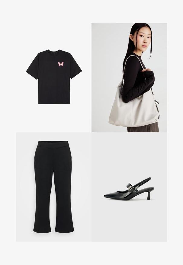 Black cotton t-shirt with short sleeves, featuring a small pink butterfly graphic on the left chest. Crew neck design with a relaxed fit.; Black flared pants with a smooth, stretchy texture. Features a wide waistband and ribbed accents on the side pockets.; Black patent leather slingback heels with a pointed toe and a small block heel, featuring a silver buckle accent on the strap.; Beige handbag made of soft material, featuring a slouchy design, stitched detailing, and two shoulder straps. Suitable for everyday use.