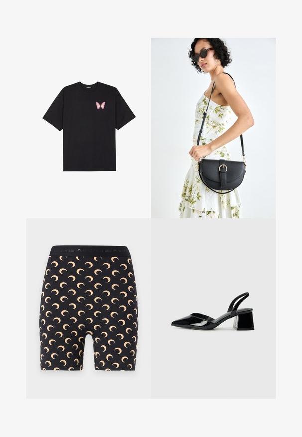 Tricou negru din bumbac cu mâneci scurte, având pe partea stângă a pieptului un mic grafic cu un fluture roz. Design cu guler rotund și croială lejeră.; MARINE SERRE MOON MINI - Pantaloni scurți - inverse tan; Pantofi cu toc slingback din piele lacuită neagră, cu vârf ascuțit și toc geometric. Prezintă un design elegant, minimalist și o textură netedă.; Geantă din piele neagră, cu o formă curbată, curea detașabilă și accesorii aurii. Geanta are un capac cu un detaliu tip cataramă.