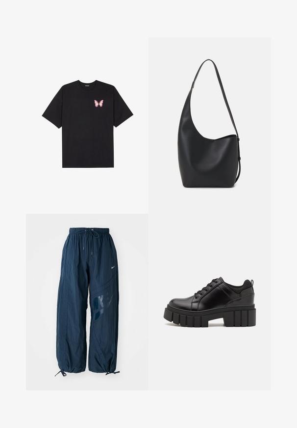 Μαύρο βαμβακερό μπλουζάκι με κοντά μανίκια, διαθέτοντας ένα μικρό ροζ γραφικό πεταλούδας στο αριστερό στήθος. Σχέδιο με στρογγυλή λαιμόκοψη και άνετη εφαρμογή.; Τα παντελόνια windbreak της Nike είναι ναυτικά μπλε, κατασκευασμένα από ελαφρύ ύφασμα, διαθέτουν ελαστική μέση και ένα μεγάλο λογότυπο σε αντίθεση χρώματος.; Μαύρα δερμάτινα παπούτσια πλατφόρμας με παχύ μπλοκ τακούνι, στρογγυλή μύτη και παραδοσιακό σχέδιο δέσιμο. Διαθέτουν λεία υφή και ελάχιστες λεπτομέρειες.; Μαύρη δερμάτινη tote τσάντα με λείο υφή, καμπύλο σχήμα και μία ρυθμιζόμενη ζώνη. Διαθέτει μεγάλη άνοιγμα στην κορυφή.