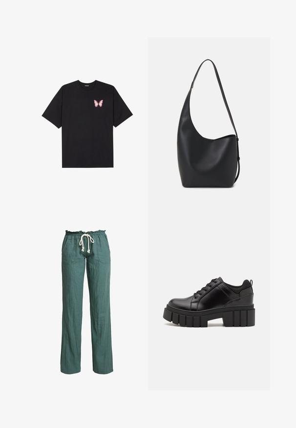 Black cotton t-shirt with short sleeves, featuring a small pink butterfly graphic on the left chest. Crew neck design with a relaxed fit.; Lightweight, green linen pants with a relaxed fit, elastic waistband, and a drawstring, featuring two side pockets.; Black leather platform shoes with a chunky block heel, round toe, and traditional lace-up design. Features smooth texture and minimal detailing.; Black leather hobo bag with a smooth texture, curved shape, and single adjustable strap; features a wide opening at the top.