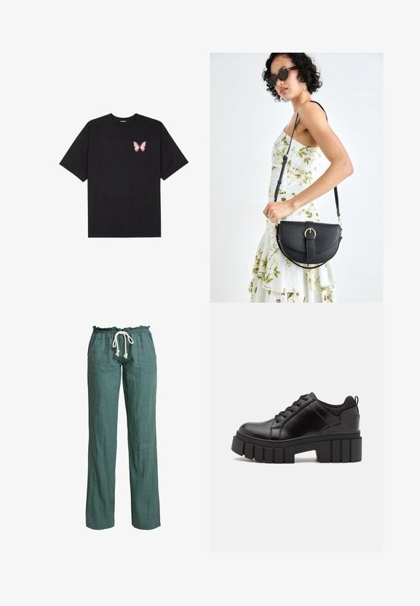 Black cotton t-shirt with short sleeves, featuring a small pink butterfly graphic on the left chest. Crew neck design with a relaxed fit.; Lightweight, green linen pants with a relaxed fit, elastic waistband, and a drawstring, featuring two side pockets.; Black leather platform shoes with a chunky block heel, round toe, and traditional lace-up design. Features smooth texture and minimal detailing.; Black leather handbag with a curved shape, detachable strap, and gold hardware. The bag features a flap with a buckle detail.