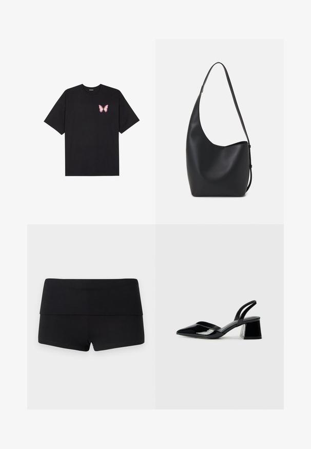 Melna kokvilnas T-krekls ar īsām piedurknēm, kuram priekšā kreisajā pusē ir neliels rozā tauriņa grafiskais attēls. Ar apaļu kaklu un brīvā stila piegriezumu.; Gina Tricot BASIC FOLDED HOT PANTS - Šorti - black; Melna lakota āda ar atvērto papēdi, ar smailu purngalu un ģeometrisku blokpapēdi. Iezīmējas elegants, minimāls dizains un gluda tekstūra.; Melnas ādas hobo soma ar gludu tekstūru, izliekta forma un vienu regulējamu jostu; augšā ir plaša atvere.