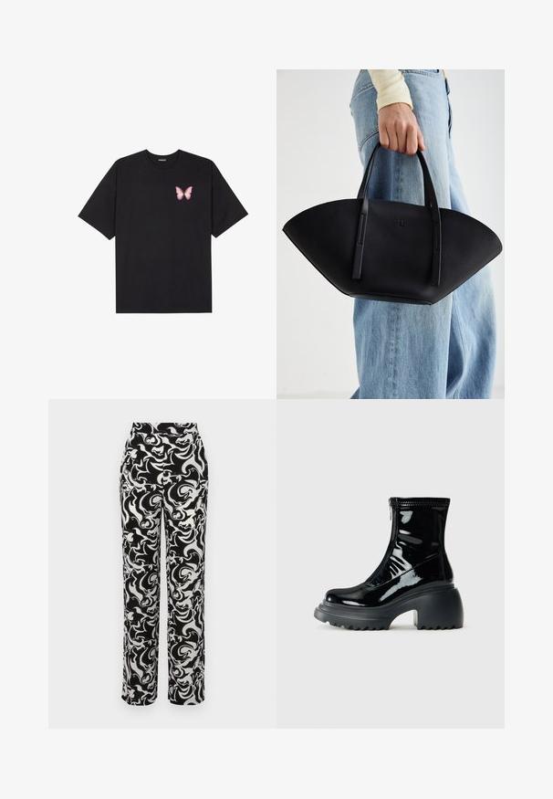 Must muströöpidega must puuvillane T-särk, vasakul rinnal on väike roosa liblikas. Ümar kaelus ja vabalt istuv lõige.; Mustvalged musta ja valgega püksid kõrge vöökohtadega, millel on keerlev abstraktne muster ja sirge lõikega sääred. Sile kangast tekstuur.; Läikiv must platvormi sääresti saabas ümarate varvastega, jämeda kanna, lukuga ja paksu soonilise tallaga valge tausta ees.; Must mustra kott, millel on unikaalne fännikujuline disain, millel on lapikud käepidemed. Pinna tekstuur on kivikujuline ja disain on minimalistlik.