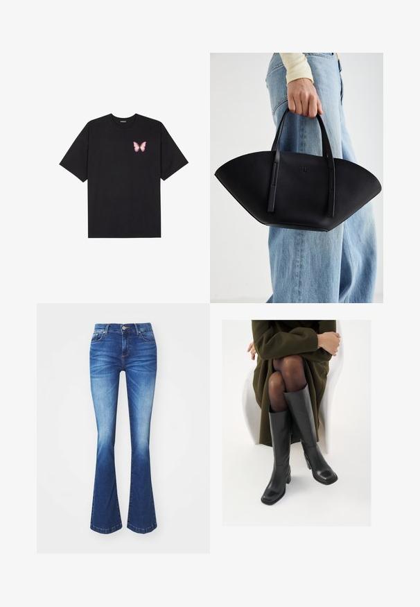 Juodas medvilnės marškinėliai trumpomis rankovėmis, su maža rožine drugelio grafika kairėje krūtinės pusėje. Apvalus kaklo iškirpimas, laisvas kirpimas.; Mėlynos džinsinės kelnės suplatėjančiu šviesos ir tamsos gradientu. Įtraukti priekiniai kišenės, užtrauktukas ir metalinė kniedė.; Juodos odinės pradžios ilgio bateliai su kvadratu formos nosimi ir bloko kulnu, demonstruojami su modeliu, sėdinčiu alyvuogių žalios spalvos švarku. Lygi tekstūra, minimalus puošimas.; Juodas odinis rankinis uždangalas unikaliu ventiliatoriaus formos dizainu, turintis plokščias rankenas. Paviršius turi akmeninė tekstūrą ir minimalistišką dizainą.