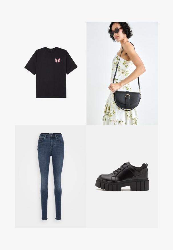 T-shirt de algodão preto com mangas curtas, apresentando um pequeno gráfico de borboleta rosa no lado esquerdo do peito. Design de gola redonda com um corte solto.; Cheans skinny fit em denim azul escuro com cintura média, apresentando bolsos frontais, um único fecho de botão metálico e desbotamento mínimo.; Sapatos de plataforma em couro preto com um salto bloco robusto, bico redondo e design clássico de atacadores. Apresentam uma textura suave e detalhes mínimos.; Bolsa de couro preta com forma curva, alça destacável e detalhes em dourado. A bolsa possui uma aba com detalhe de fivela.
