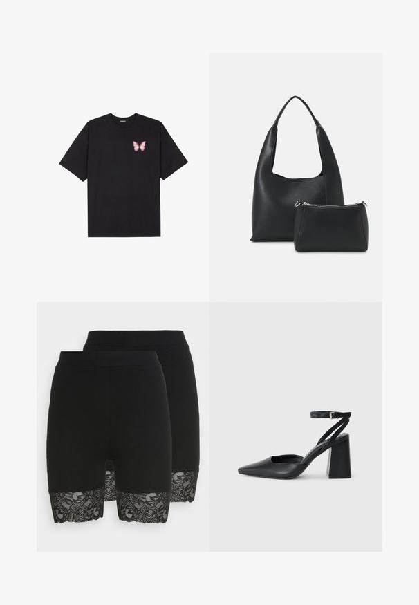 Čierne bavlnené tričko s krátkymi rukávmi, s malým ružovým motýlikom na ľavej hrudi. Design s okrúhlym výstrihom a uvoľneným strihom.; Čierne šortky vyrobené z hladkej textílie s čipkovým lemovaním na spodnej časti, zdobené kvetinovými vzormi. Dva kusy viditeľné, s konzistentným dizajnom.; Čierne kožené lodičky s špicatou špičkou a členkovým remienkom, s masívnym podpätkom. Hladký povrch, elegantný dizajn a minimalistická estetika.; Even&Odd SET - Kabelka - black