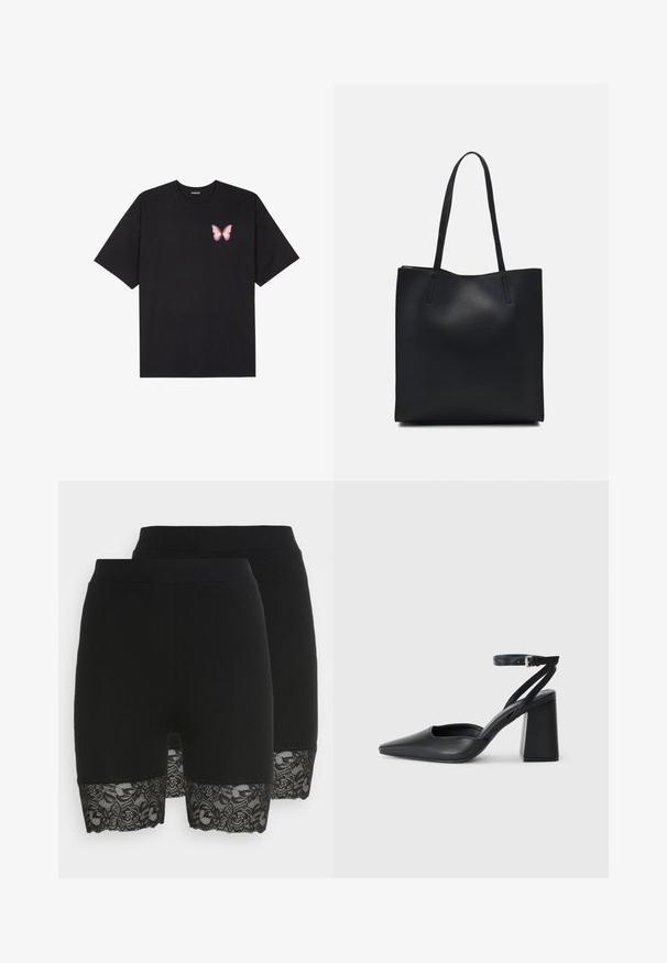 Fekete pamut póló rövid ujjakkal, bal mellkason egy kis rózsaszín pillangó grafikával. Kerek nyakú kialakítás, laza fazonnal.; Fekete rövidnadrág sima anyagból, csipkés szegéllyel, virágmintázattal. Két pár látható, amelyek következetes dizájnt mutatnak.; Fekete bőr, hegyes orrú magassarkú cipő boka pánttal és vastag sarokkal. Sima textúra, elegáns dizájn és minimális esztétika.; Fekete bőrtáska sima felszínnel, téglalap alakú, két hosszú füllel. Nincs látható fémkiegészítő vagy díszítés.