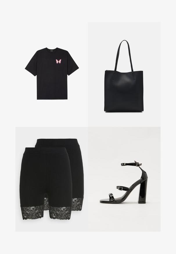 Melna kokvilnas T-krekls ar īsām piedurknēm, kuram priekšā kreisajā pusē ir neliels rozā tauriņa grafiskais attēls. Ar apaļu kaklu un brīvā stila piegriezumu.; Melnas šorti no gludas auduma ar mežģīņu apdari apakšmalā, ar ziedu rakstiem. Redzamas divas pāri, demonstrējot saskaņotu dizainu.; Melnas lakotas augstpapēžu čības ar kvadrāta purngalu, potīšu siksniņām un sudraba sprādzēm. Aprīkotas ar masīvu bloku papēdi stabilitātei.; Melnas ādas somiņa ar gludu tekstūru, taisnstūra formu un divām garām rokturiem. Nav redzamu aparatūras vai rotājumu.