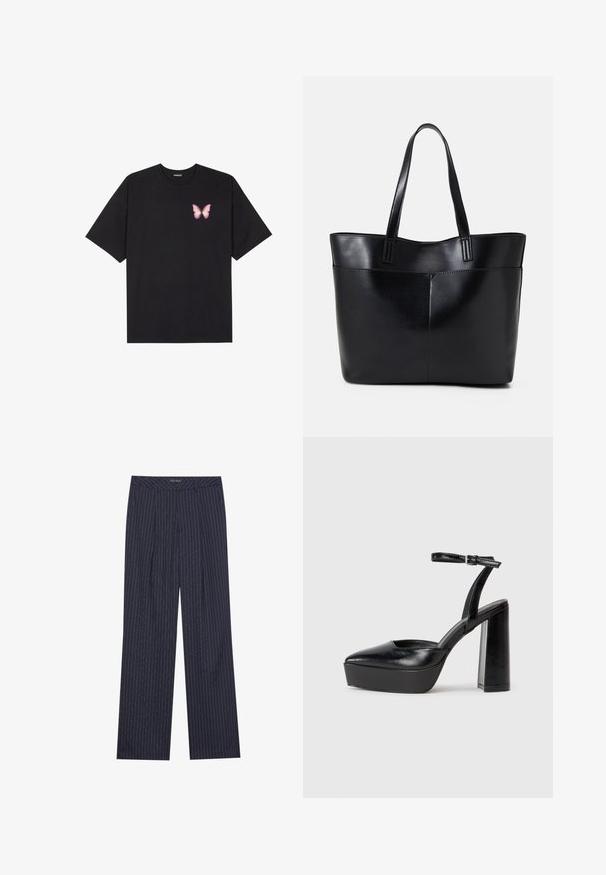Zwarte katoenen t-shirt met korte mouwen, voorzien van een kleine roze vlinder graphic op de linkerkant van de borst. Crew neck ontwerp met een relaxte fit.; Marinere kobaltblauwe, wijde broek met verticale witte streepjes, voorzien van een op maat gemaakte tailleband en voorplooien voor een gestructureerde pasvorm.; Zwarte plateauhakken met een puntige neus en verstelbare enkelband. Gemaakt van soepel leer, met een robuuste blokhak.; Zwarte leren tote bag met twee lange handvatten, een zachte textuur en een gestructureerde vorm. Voorzien van een voorvak voor extra opslagruimte.