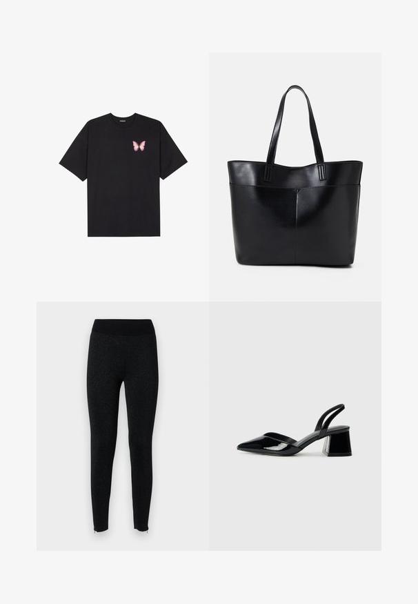 Svart bomulls T-skjorte med korte ermer, med en liten rosa sommerfugl grafikk på venstre bryst. Crew-neck design med en avslappet passform.; Svarte tights med ribbestrikket midje, laget av strukturert stoff med en subtil metallisk glans, med glidelåser ved anklene.; Svarte patentlær slingback hæler med spiss tå og geometrisk blokk hæl. Har et stilrent, minimalistisk design og jevn tekstur.; Svart lær toteveske med to lange håndtak, en glatt tekstur og en strukturert form. Har en frontlomme for ekstra oppbevaring.
