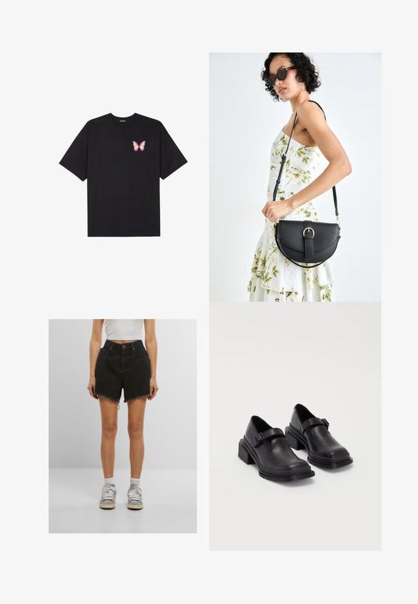 Černé bavlněné tričko s krátkým rukávem, na levém prsou s malou grafikou růžové motýlky. Design s kruhovým výstřihem a volným střihem.; Černé denim šortky s vysokým pasem, přírodní zakončení a boční kapsy, doplněné bílými teniskami a kotníkovými ponožkami.; Černé kožené boty s kulatou špičkou, plochou podrážkou a páskem s detaily s přezkou. Masivní blokový podpatek pro zvýšenou stabilitu.; Černá kožená kabelka s křivkovým tvarem, odnímatelným popruhem a zlatými detaily. Kabelka má klopu s přezkou.
