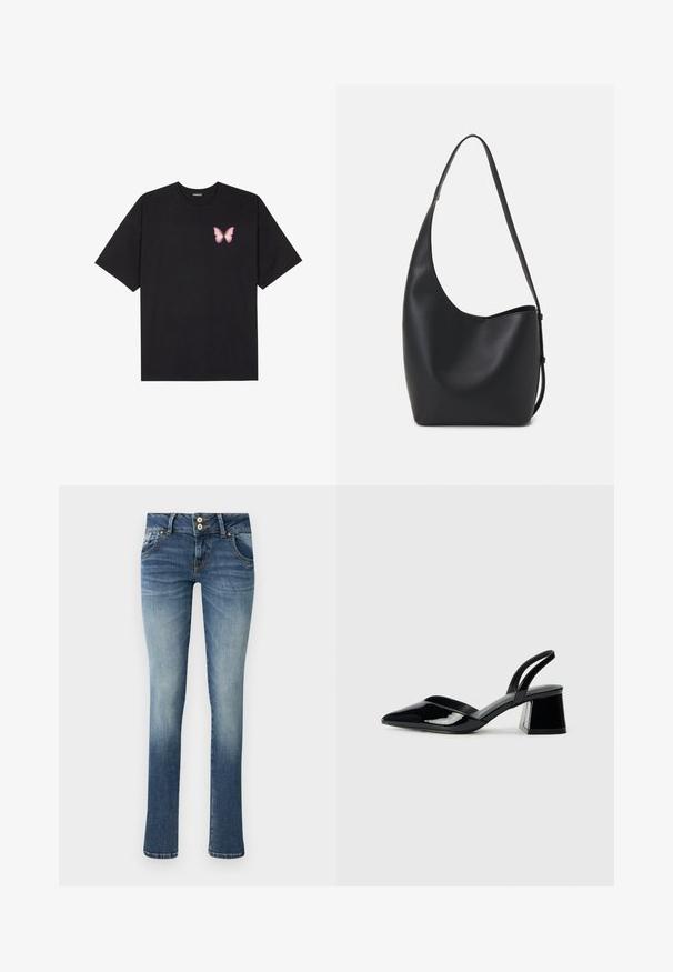 Juodas medvilnės marškinėliai trumpomis rankovėmis, su maža rožine drugelio grafika kairėje krūtinės pusėje. Apvalus kaklo iškirpimas, laisvas kirpimas.; Mėlyni džinsai su tiesia kirpimo, turintys dvi priekinės kišenes, sagčio užsegimą ir šviesų blukimą ant kojų. Trumpos apatinių kraštų apdaila.; Juodos lakuotos odinės šlepetės su smailiu pirštu ir geometriniu bloko kulnu. Turi elegantišką, minimalistinį dizainą ir lygų paviršių.; Juodas odinis hobo maišas su lygiu paviršiumi, kreipta forma ir viena reguliuojama rankena; turi platų atidarymą viršuje.