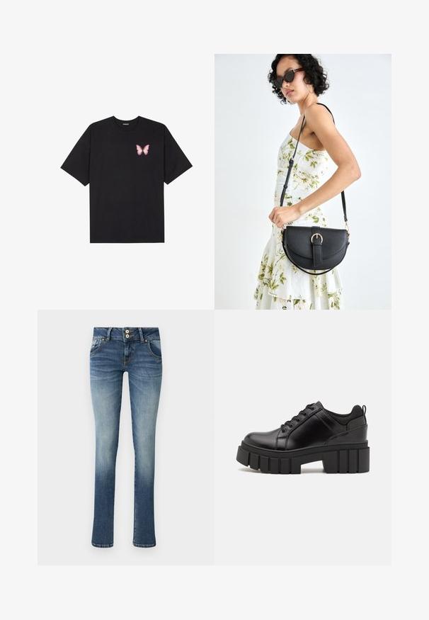 Camiseta de algodón negra de manga corta, con un pequeño gráfico de mariposa rosa en el lado izquierdo del pecho. Diseño de cuello redondo con un corte relajado.; Jeans de denim azul con corte recto, que cuentan con dos bolsillos frontales, una cremallera de botones y un ligero desgastado en las piernas. Acabado de dobladillo stubby.; Zapatos de plataforma de cuero negro con un tacón cuadrado grueso, punta redonda y diseño tradicional de cordones. Presenta una textura suave y un detalle minimalista.; Bolso de piel negra con forma curva, correa desmontable y herrajes dorados. El bolso cuenta con una solapa con un detalle de hebilla.