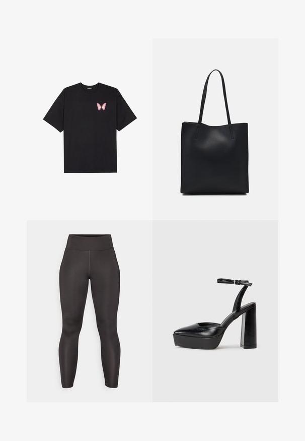 Čierne bavlnené tričko s krátkymi rukávmi, s malým ružovým motýlikom na ľavej hrudi. Design s okrúhlym výstrihom a uvoľneným strihom.; Čierne športové legíny s vysokým pásom, vyrobené z hladkej, elastickej látky. Majú priliehavý strih a bezšvovú konštrukciu.; Čierne platformové podpätky so špicatou špičkou a nastaviteľným členkovým remienkom. Vyrobené z hladkej kože a so robustným blokovým podpätkom.; Čierna kožená taška na rameno s hladkým povrchom, obdĺžnikovým tvarom a dvoma dlhými uchami. Bez viditeľného kovania alebo ozdôb.