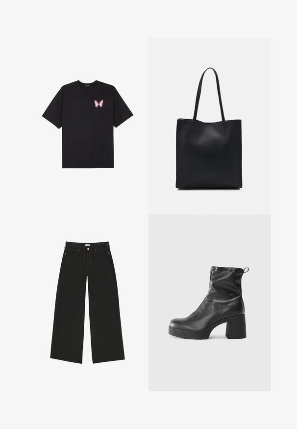 Fekete pamut póló rövid ujjakkal, bal mellkason egy kis rózsaszín pillangó grafikával. Kerek nyakú kialakítás, laza fazonnal.; Fekete, bő szárú farmernadrág, magas derékkal, elülső zsebekkel és kontrasztos arany színű fémalkatrészekkel. Tiszta, egyenes vonalú szabás.; Fekete bokacsizmák sima bőrből, oldalsó cipzárral, vastag, texturált sarkú és lekerekített orrú dizájnnal.; Fekete bőrtáska sima felszínnel, téglalap alakú, két hosszú füllel. Nincs látható fémkiegészítő vagy díszítés.