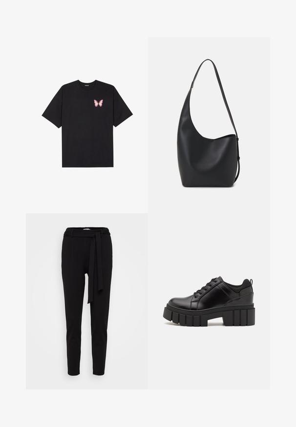Black cotton t-shirt with short sleeves, featuring a small pink butterfly graphic on the left chest. Crew neck design with a relaxed fit.; Black tapered trousers made of soft fabric, featuring a waistband with a fabric belt and two front pockets. Smooth texture and minimal design.; Black leather platform shoes with a chunky block heel, round toe, and traditional lace-up design. Features smooth texture and minimal detailing.; Black leather hobo bag with a smooth texture, curved shape, and single adjustable strap; features a wide opening at the top.